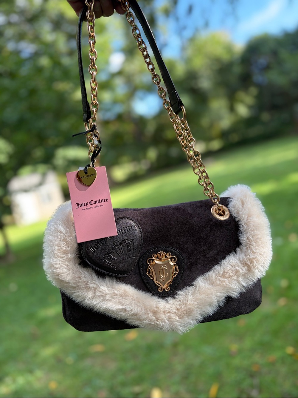 Juicy Couture Dark Grey Shoulder Bag Cream Faux Fur & Gold Crest Flap